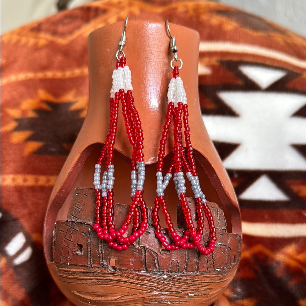 Red and White Beaded Earrings - Hand Beaded